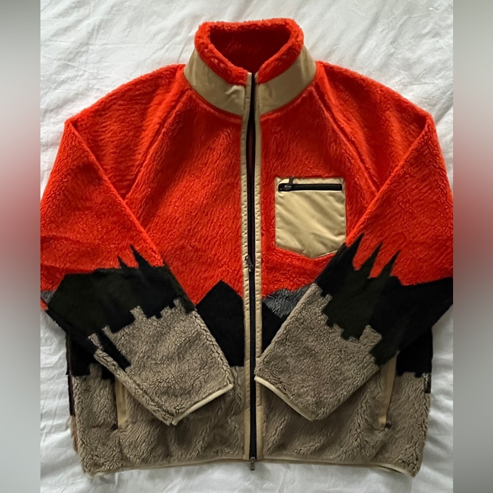 Todd Snyder orange tree scenic print sherpa fleece full-zip jacket • Men's XXL